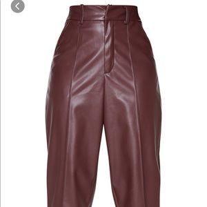 Petite Chocolate Faux Leather Detail Straight Split Leg Pants
